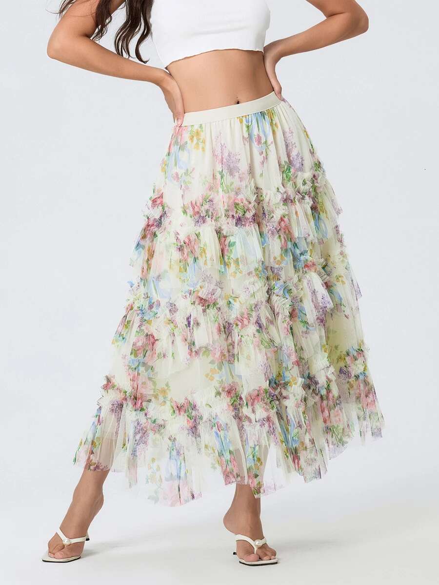 Womens Boho Chic Maxi Skirt with Vintage Floral Print Elastic Waistband and Flowy A-line Silhouette for Vacation Date