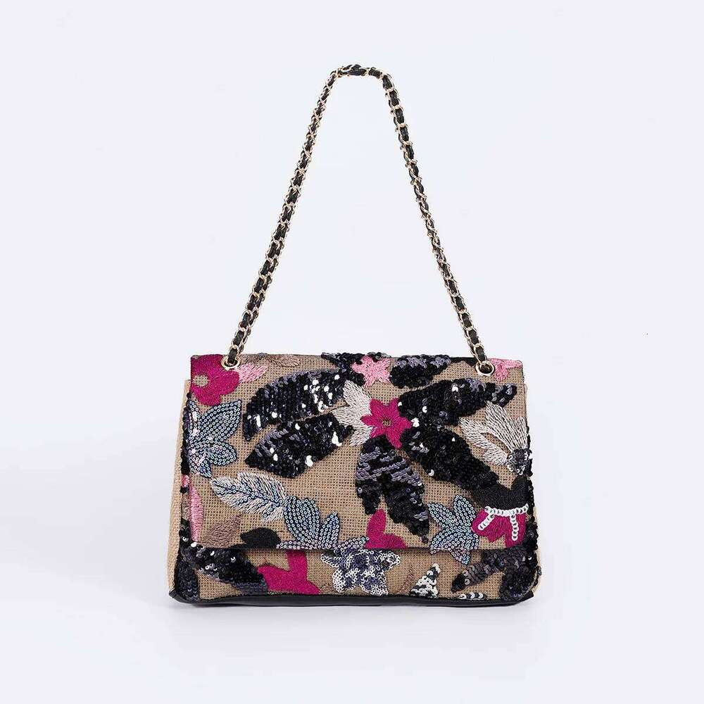 Women Straw Sequin Underarm Flower Pattern Large Capacity New Style Braided Chain Crossbody Border Shoulder Bag