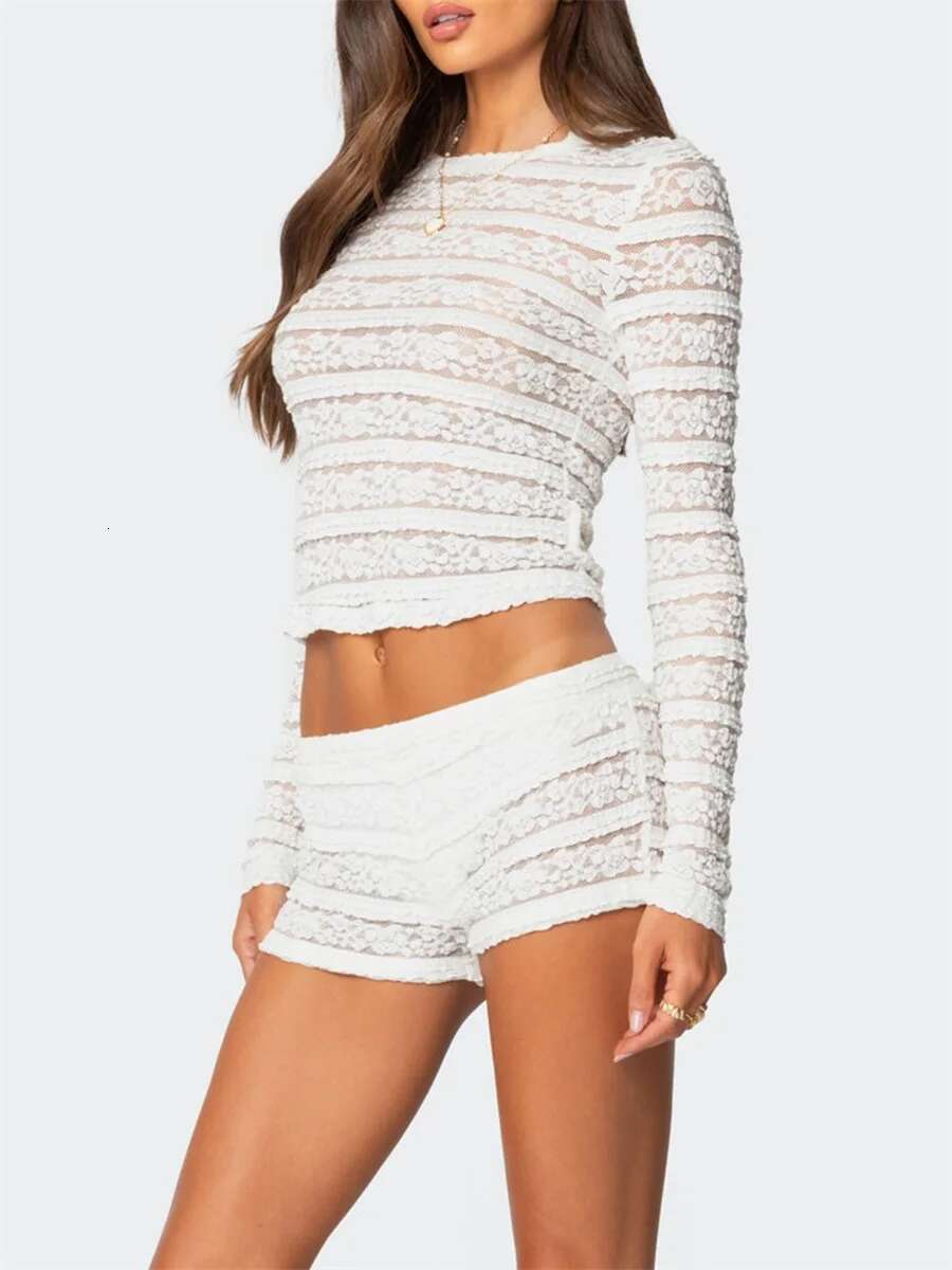 Womens Floral Lace Layered Long Sleeve Boat Neck Crop Top and Low Rise Mini Shorts 2-piece Set with Embroidered Detail
