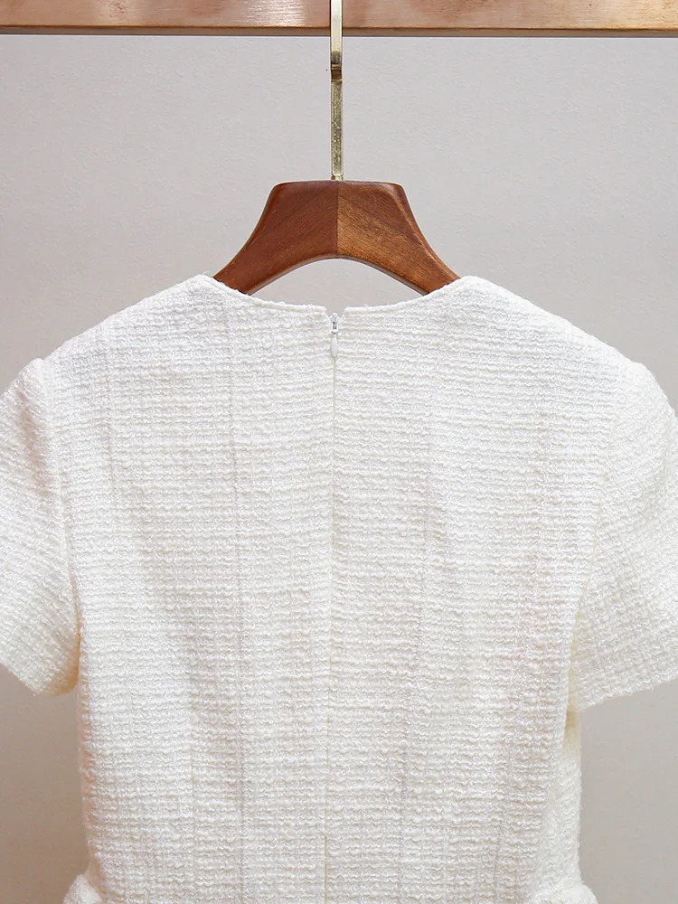 Crystal Short Sleeve Tweed Dress Women Summer Autumn Single Breasted Diamonds Button Mini Prom Party Dresses 250603