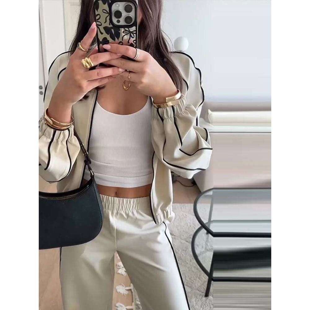 Women Sweat Two Pieces Set Long Sleeve Lapel Zipper Hoodie Tie Elastic Waist Comfortable Striped Pants Sport Suit Spring