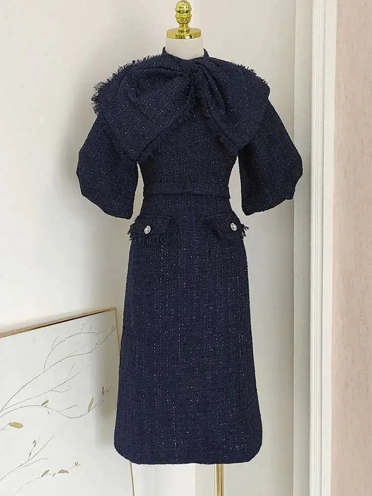 IEQJ Bownot Tassel Spliced Puff Sleeve Tweed Dresses For Women Vintage Elegant High Waist Slim Dress Clothing 3WQ7259 250603