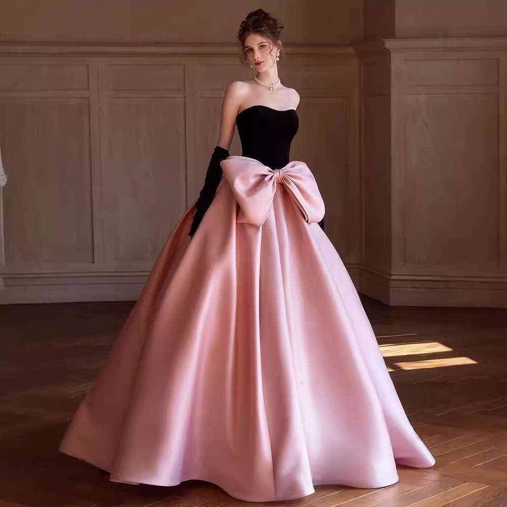 High-End Eveni Pink Black Bow Princess Eagement Banquet Elegant Student Day Comi-of-Age Graduation Art Exam Dress 2025 New Casual Versatile Fashion
