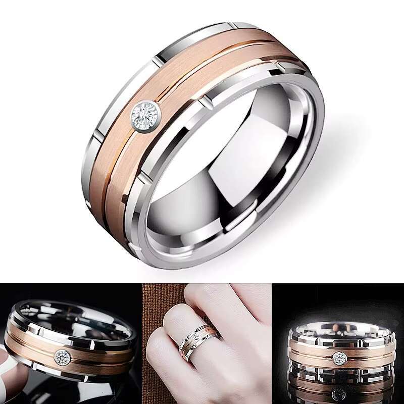 Temperament Trend Fashion Diamond-encrusted Stainless Steel Ring Engraved Geometry Two-color Handsome Matching Couple Ring