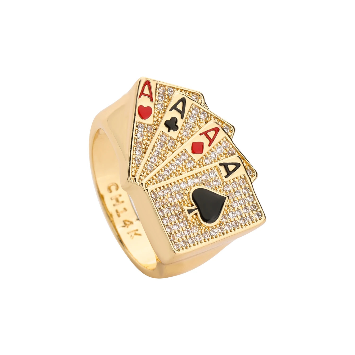 Fashionable mens ring size 8/9/10 gambling zircon brass hip-hop gift for boys playing card ring 250604
