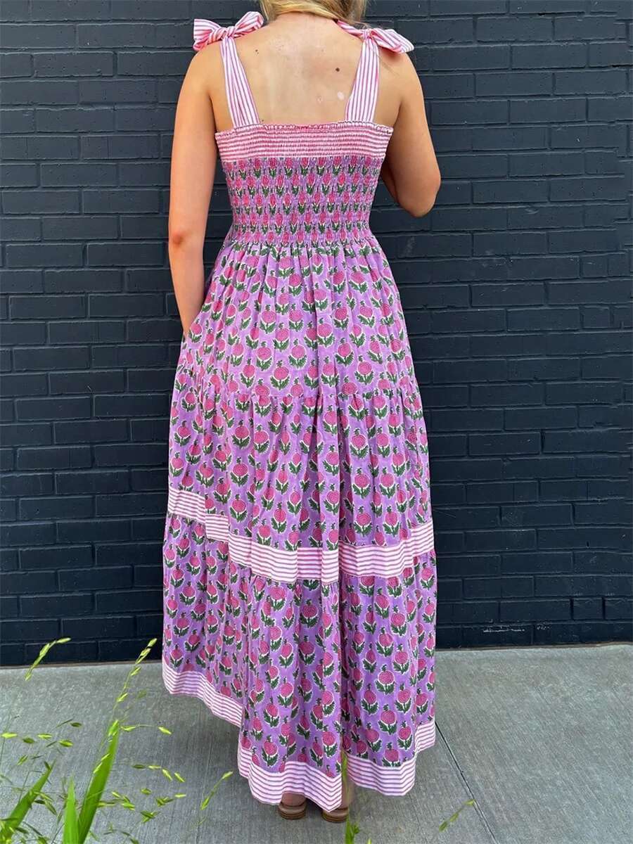 Elegant Maxi Dress with Boho Floral Print and Adjustable Tie-up Straps Sleeveless Summer Fashion Cami Dress for Women