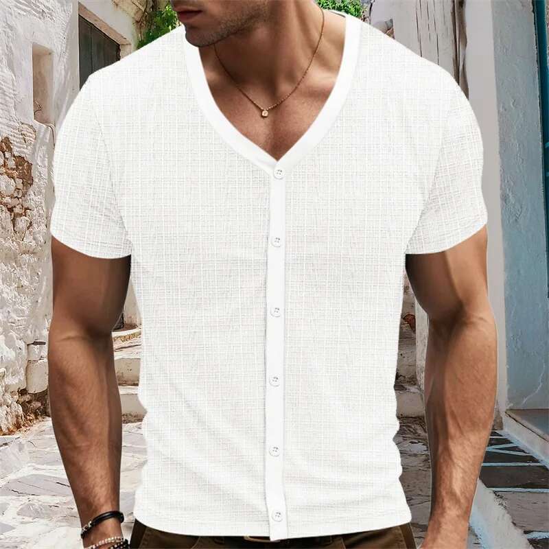 Mens Fit v Neck Button Down Short Sleeve Casual T-shirts Summer Cardigans Classic Tops for Everyday Wear