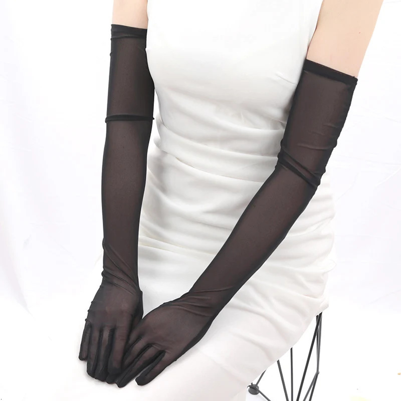Sexy Lace Thin Elasticity Tulle Mesh Breathable Long Gloves Elegant Women Black Sunscreen Gloves Female Anti-UV Driving Mittens 250603