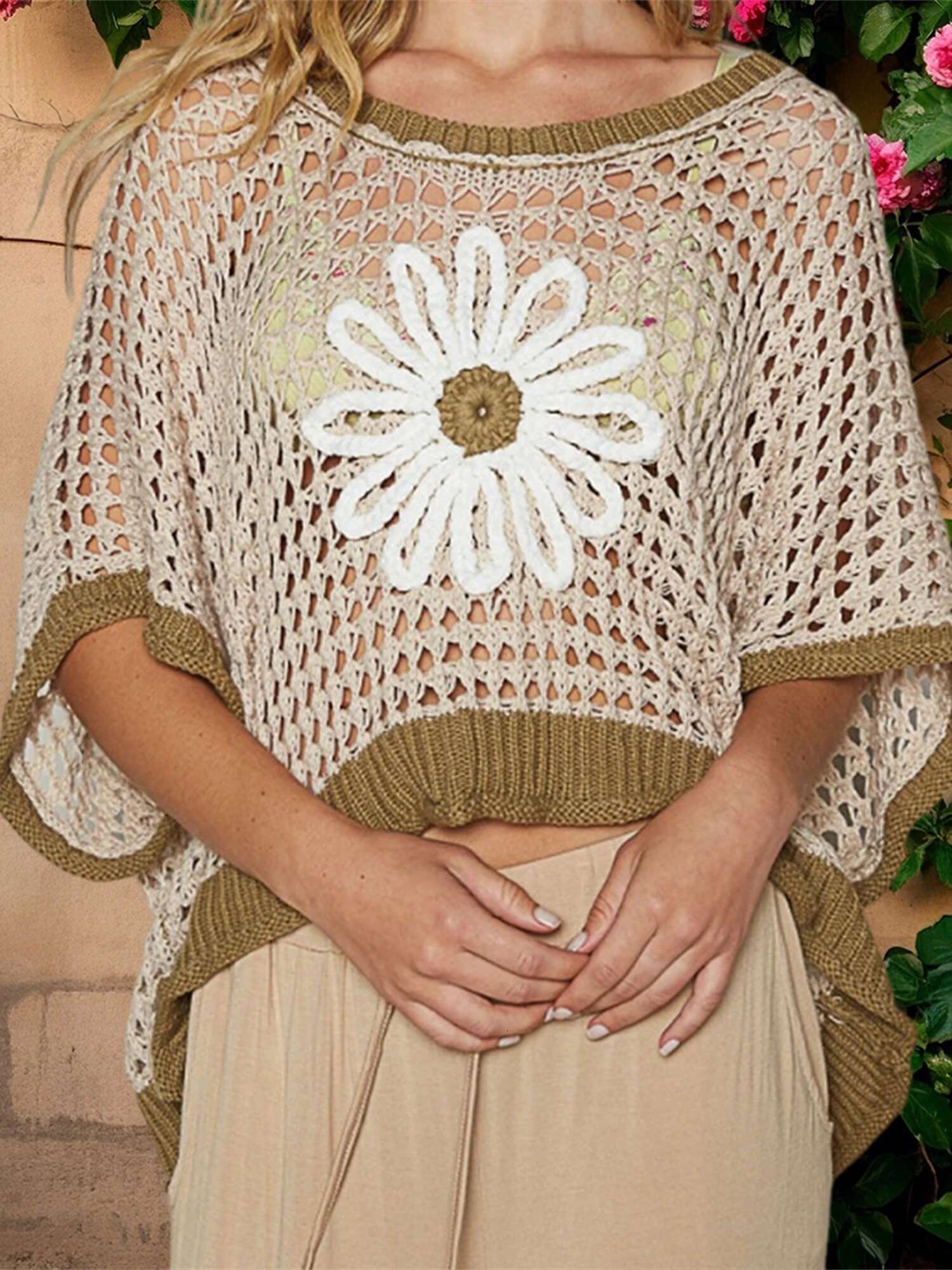 Womens Lightweight Crochet Sweaters with Floral Embroidery and Hollow Knit Design for Spring and Summer