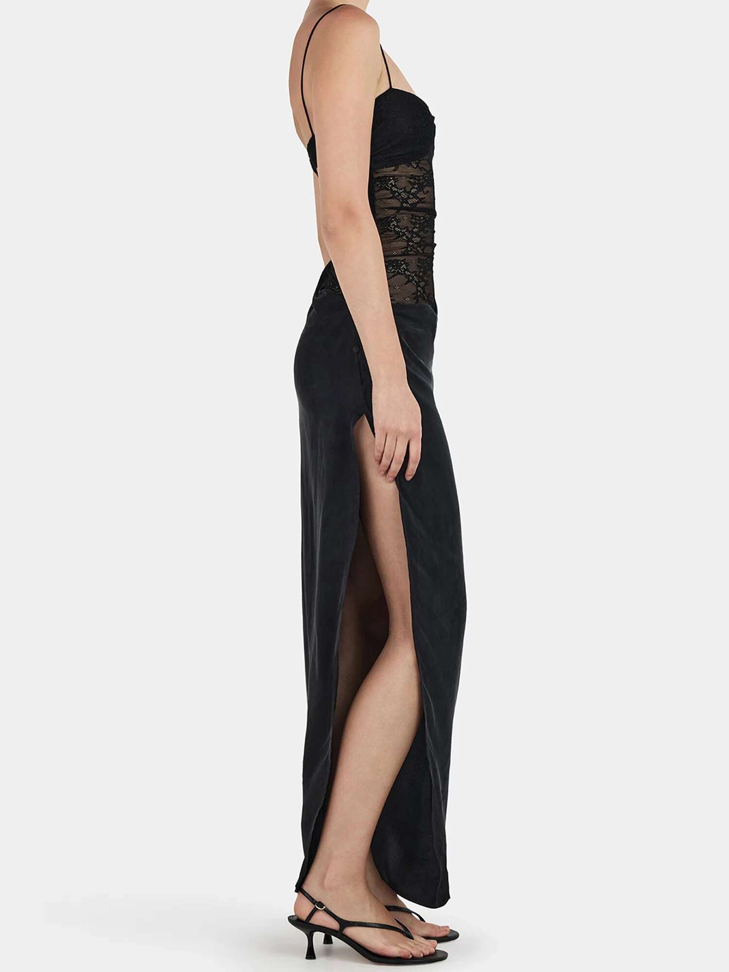 Elegant V-neck Sleeveless Maxi Dress with Side Slit and Lace Detailing Perfect for Summer Cocktail Parties and Events