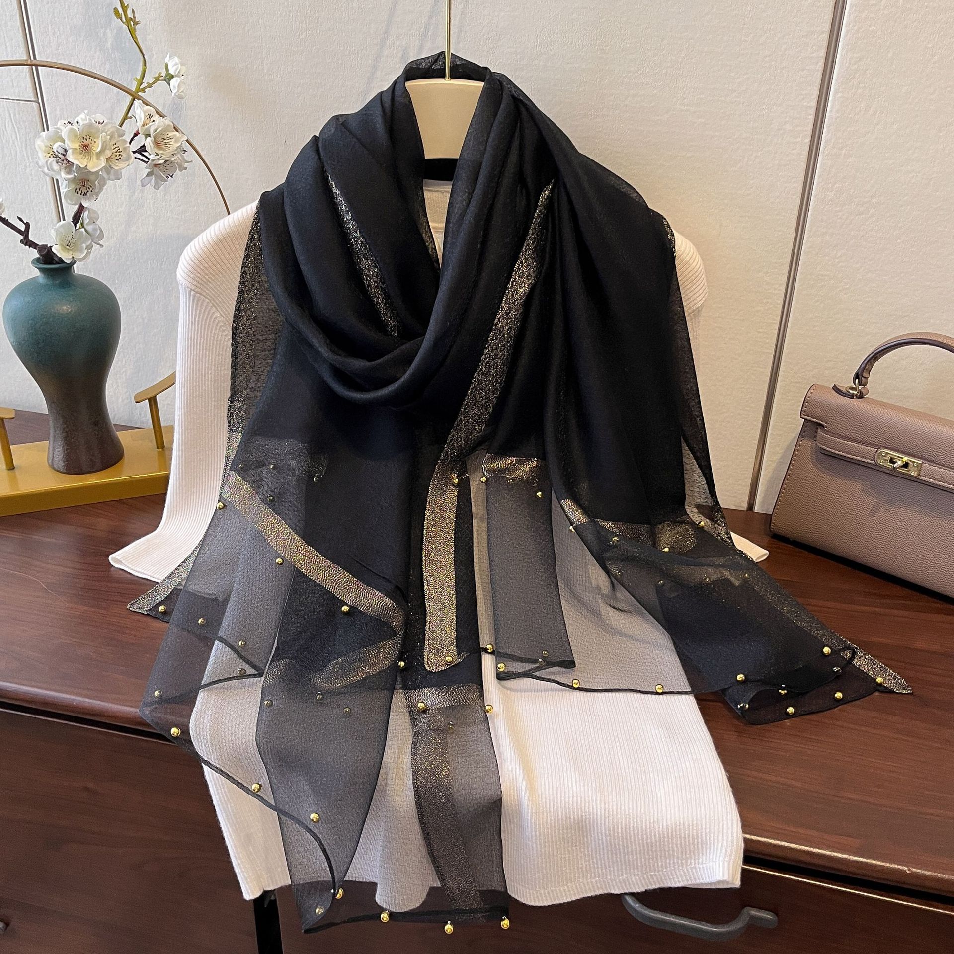 K955 New spring and summer thin gold-edged beaded gauze scarf for women solid color versatile shawl Korean version of imitation silk long scarf