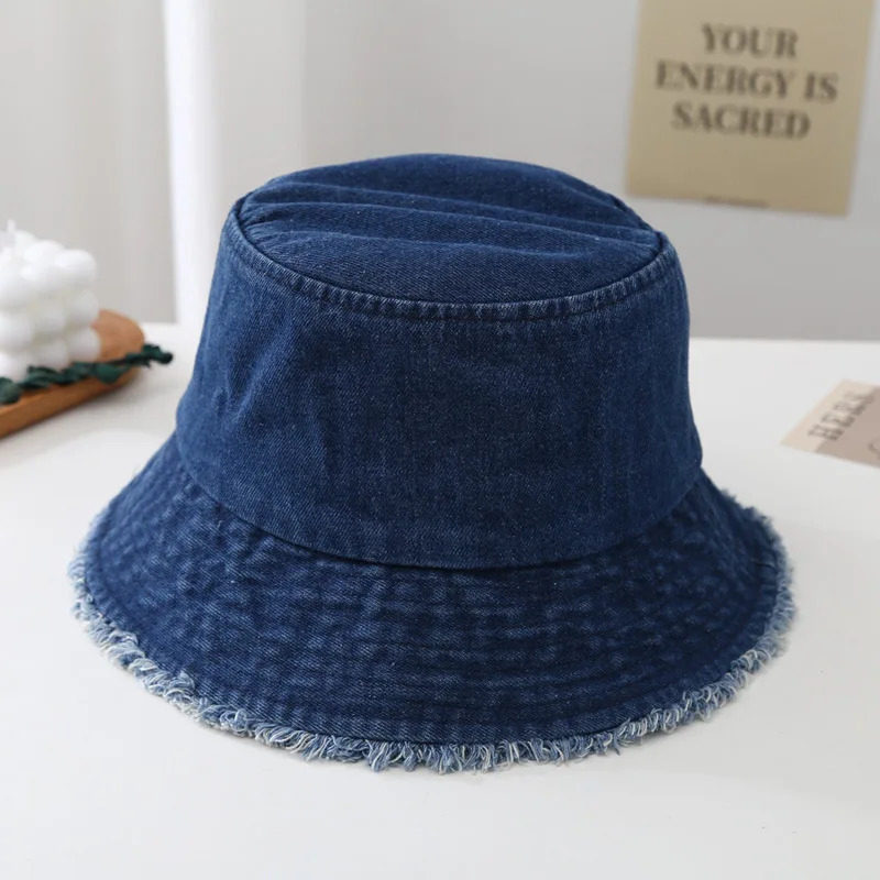 Spring and summer vintage solid color fringed denim fisherman hat womens washable versatile face covering bucket basin hat 250605