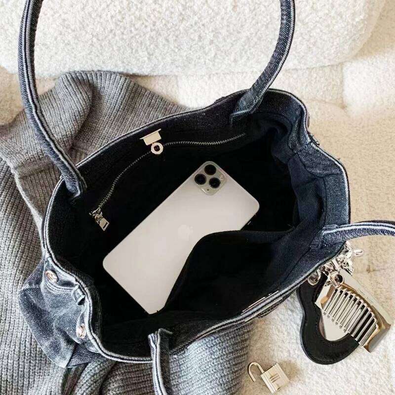 Denim Bags For Women Designer Handbag Purses 2025 New In Washing Process Sequined Lock Top Handle Underarm Cloth Shoulder