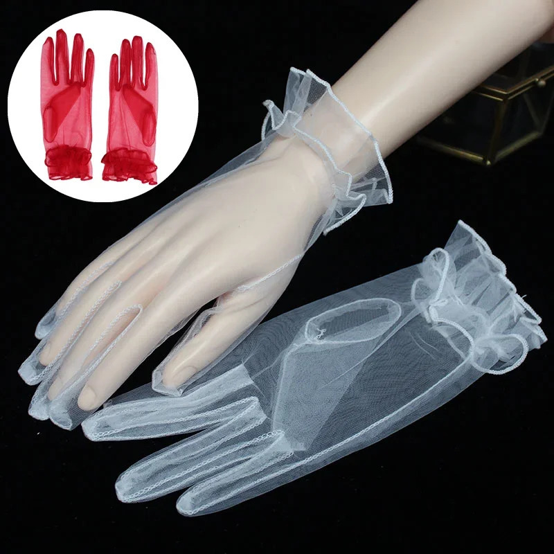 Ultra Thin Transparent Gauze Lace Full Finger Gloves Short Tulle Glove Wedding Mesh Gloves Elastic Wrist Black Gloves 250603