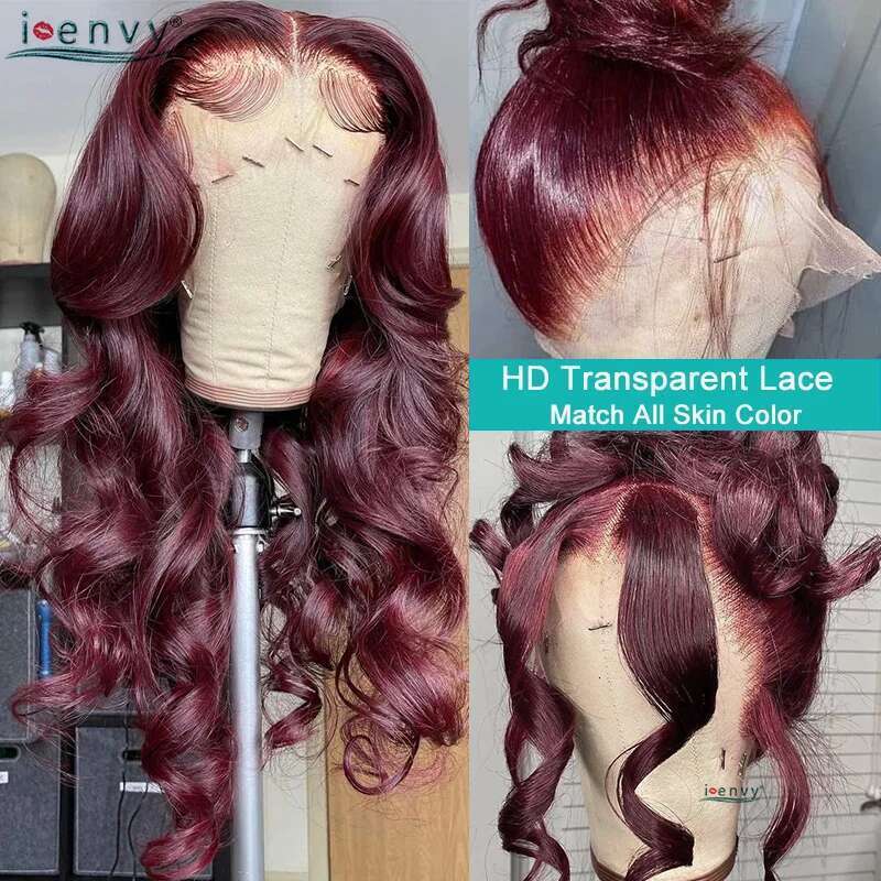 NAMM 13X4 HD Transparent Bury Red Human Hair Wigs PrePlucked 13X6 32Inch Body Wave Lace Front Wig For Women Curly