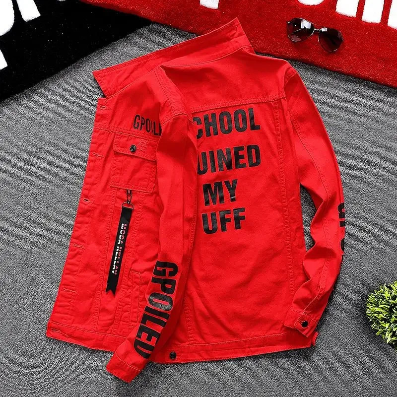 Male Jean Coats Button Punk Mens Denim Jacket Red Slim Fit With Print Worn Large Size Trendy Korean Style Cowboy G L 250530