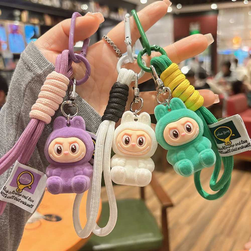 New Trend Cartoon Labubu Keychain Flocked fabric Cute Doll Bag Pendant Fashion Car Key Chain Accessories Gift A41 XJ250607