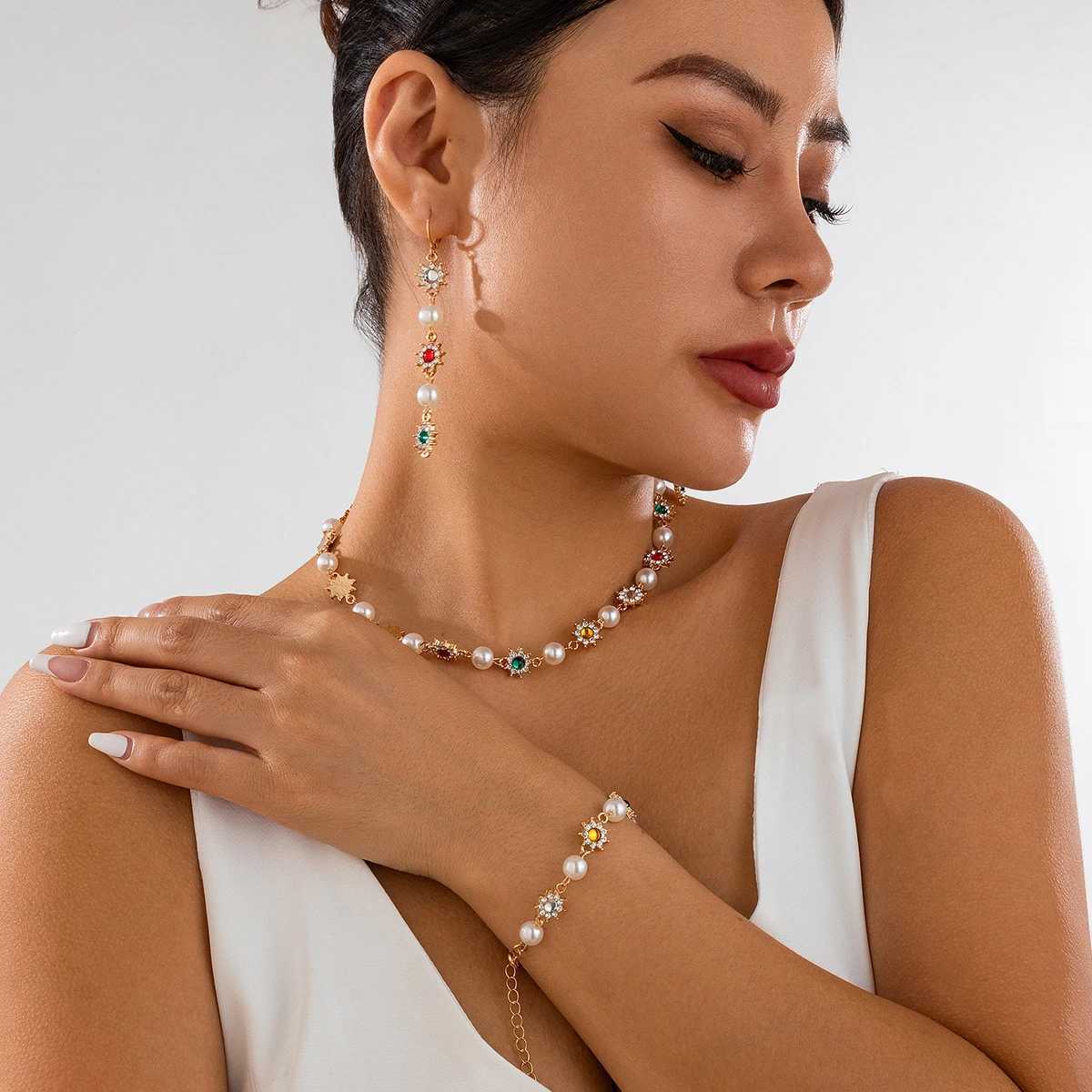 SHIXIN Luxury Shinny Colorful Rhinestone Short Necklace Earrings Women Imitation Pearl Choker Christmas Jewelry Set Z250607