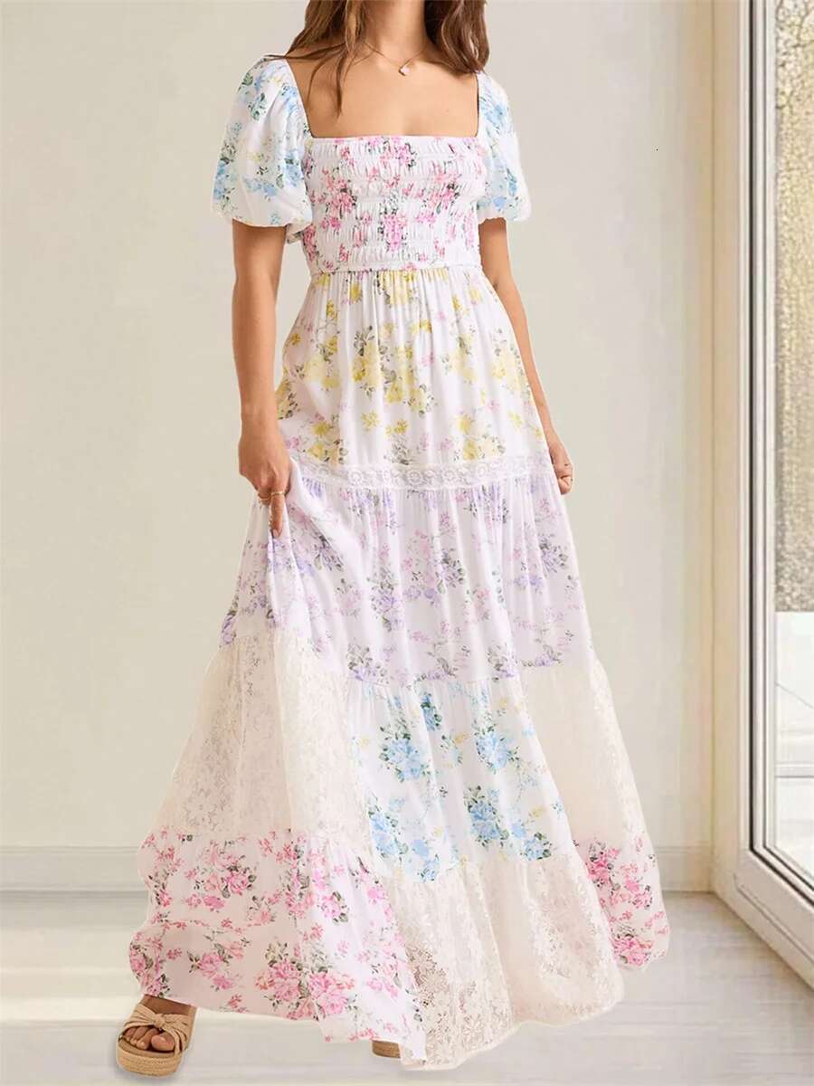 Elegant Floral Print Short Sleeve A-line Dress with Ruffled Hem for Women Perfect for Cocktail Parties and Streetwear Fashion