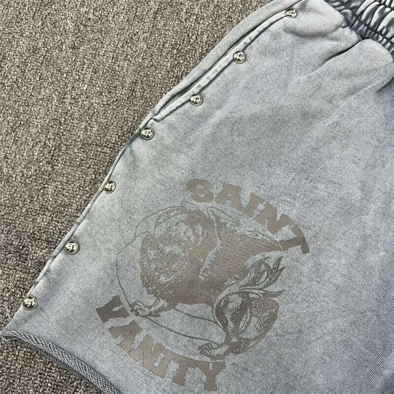 Vintage Washed Saint Hip-Hop Drawstring Sports Casual Men's Shorts