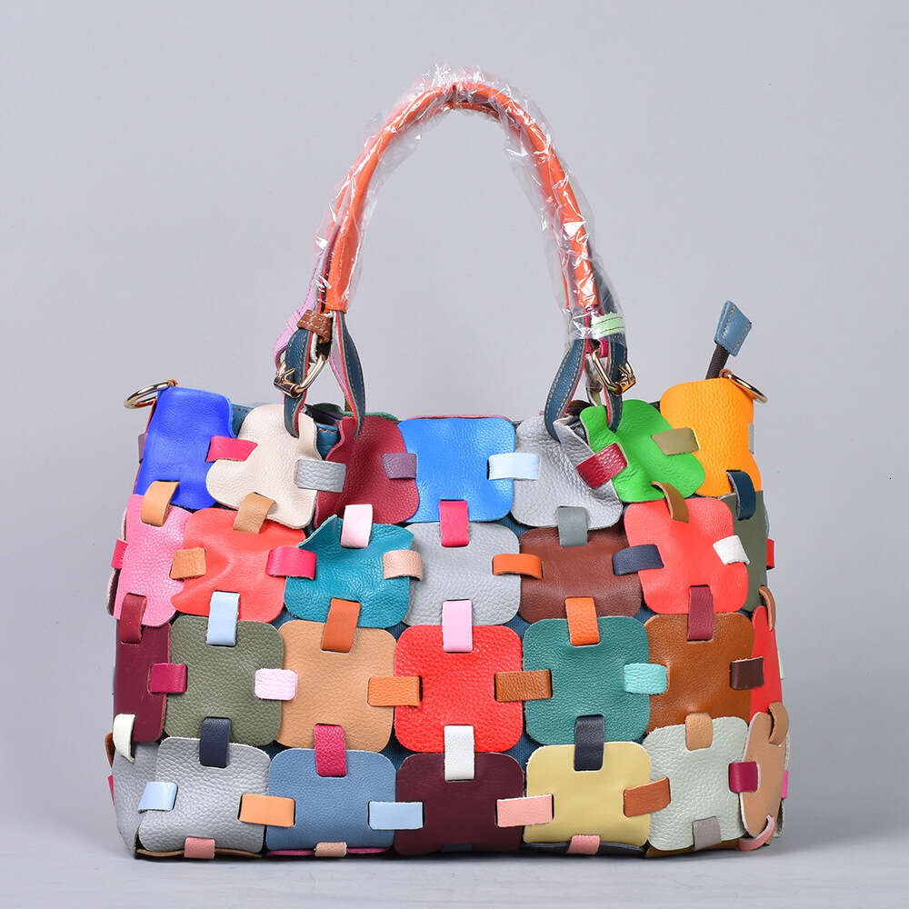 Genuine Leather Women's Cowhide Ethnic Style Colorful Woven Handbag Shoulder Crossbody Beach Tote Bag GUHUISHU