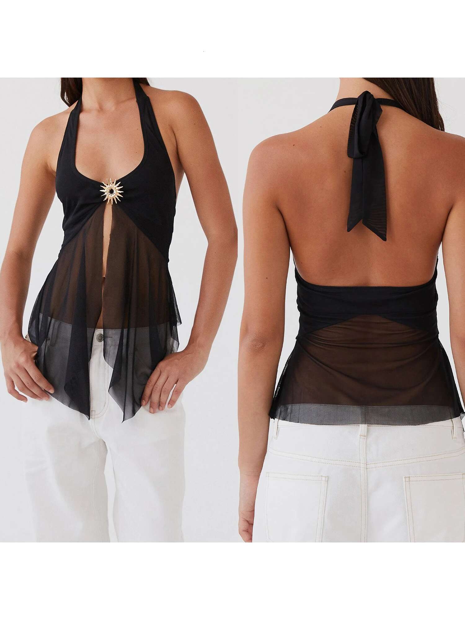 Vintage Lace Trimmed Sleeveless Halter Top with Open Back and Sheer Mesh Detailing for Edgy Street Style Fashionistas
