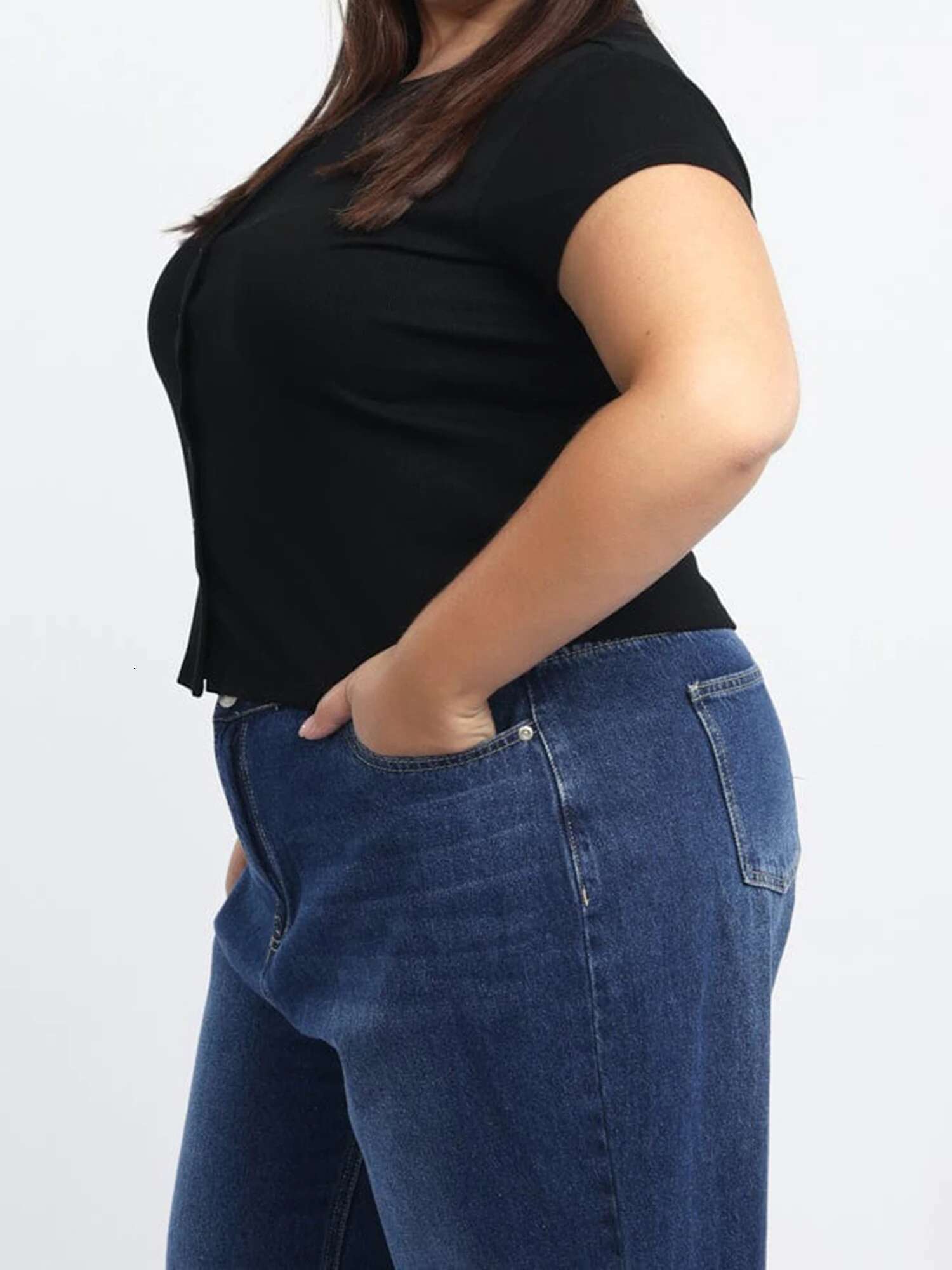 Womens Plus Size Casual Short Sleeve V-neck Solid Color Blouse with Button Detail and Ruched Hem