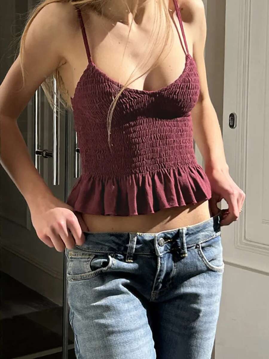 Womens Sleeveless Camisole with Ruffled Hem and Solid Color Design Perfect for Summer Streetwear Fashion and Casual Wear