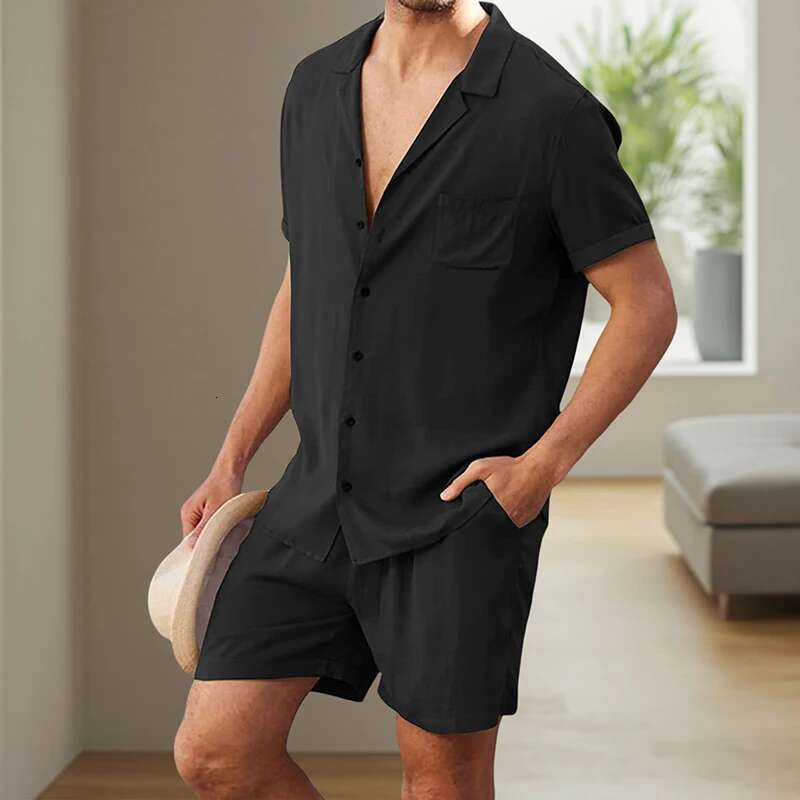 Mens Casual Two Piece Linen Outfit with Short Sleeve Button-up Shirt and Elastic Waist Shorts in Solid Color