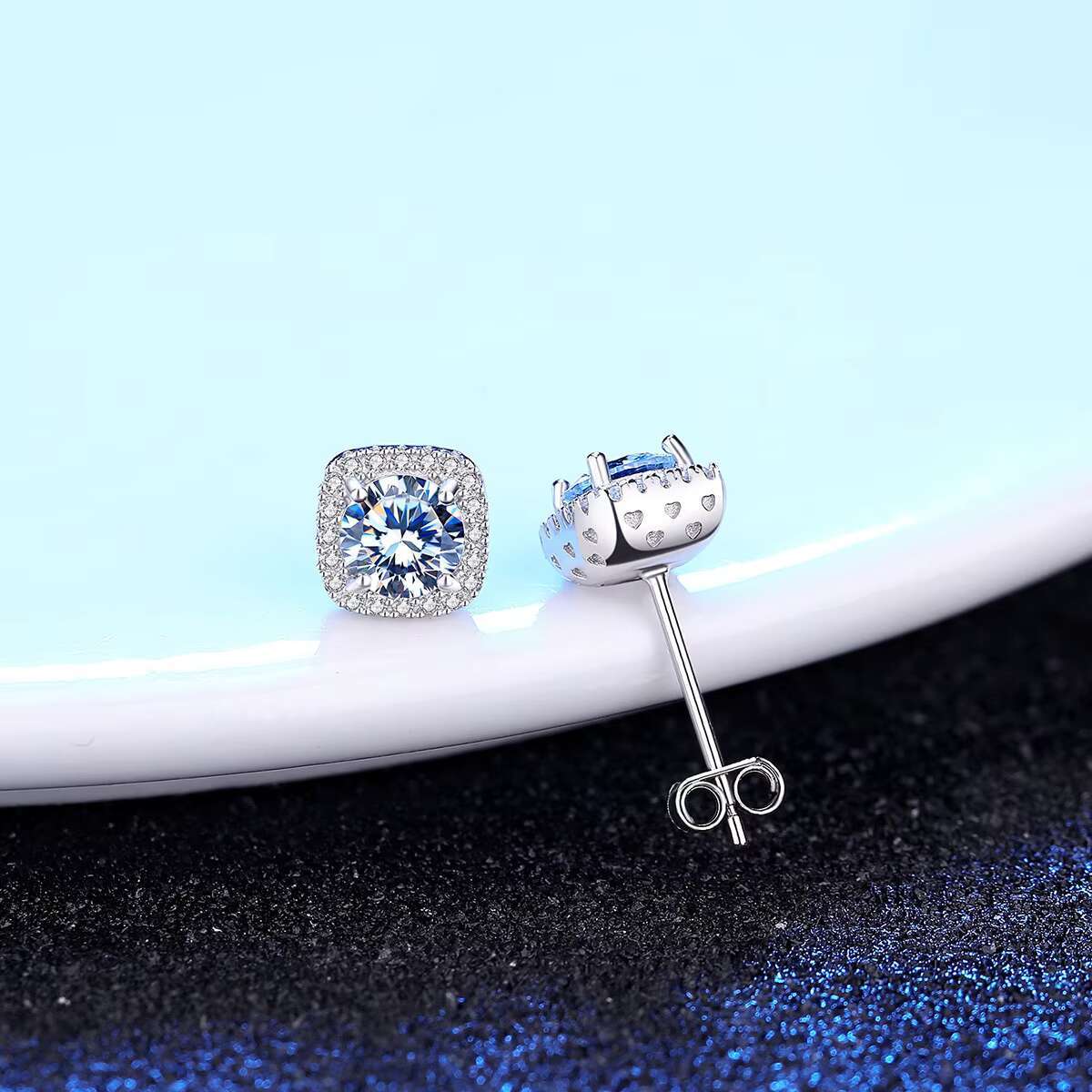 Fine Exquisite Jewelry Earrings Real 925 Sterling Silver Full Diamond Fat square Moissanite Stud Earrings