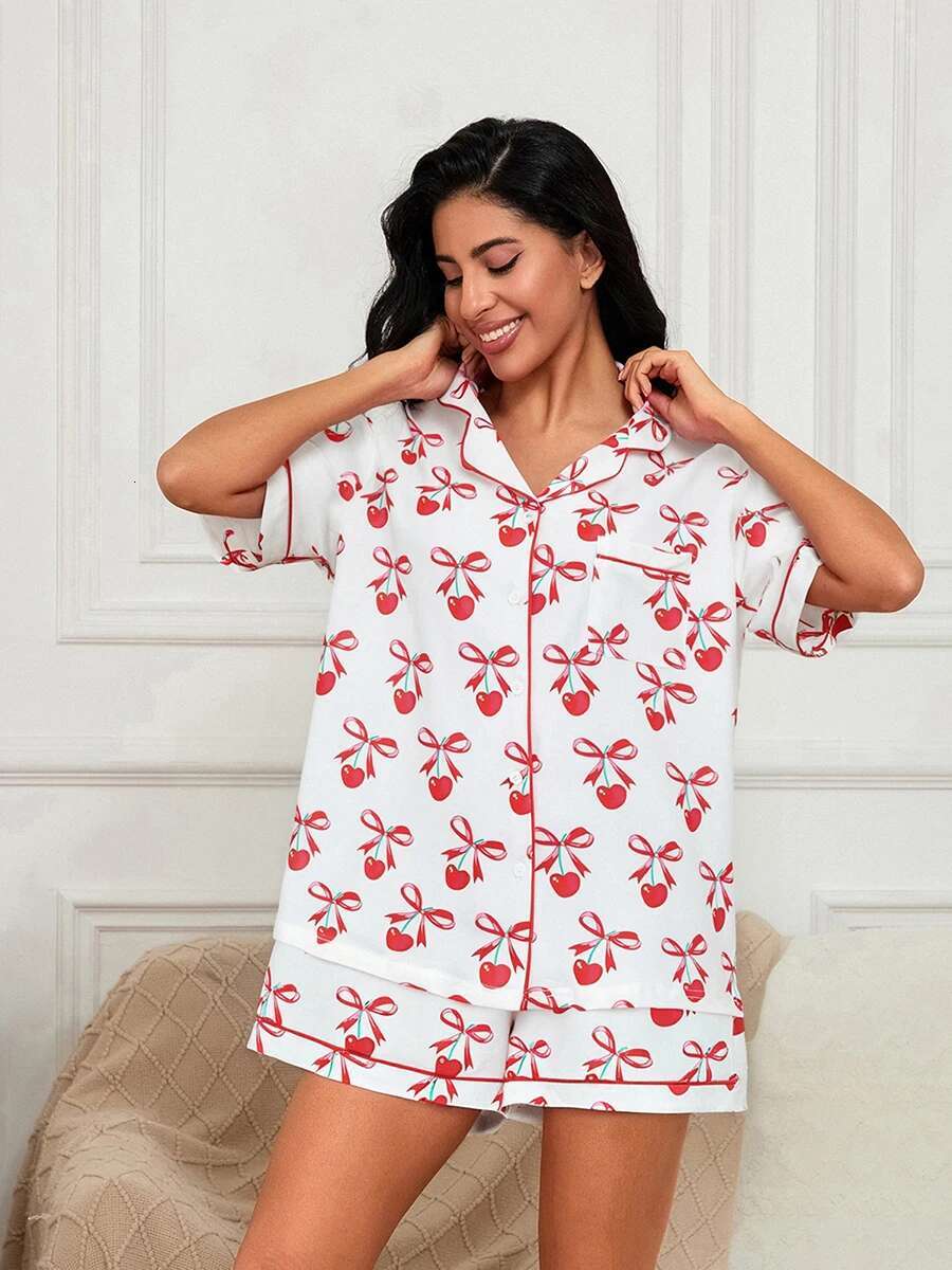 Valentine s Day Womens Pajama Set with Heart and Bow Print Short Sleeve Top and Shorts - Cozy Loungewear with Boots Design