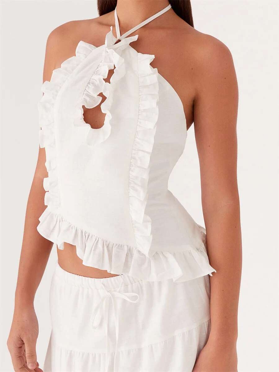 Elegant Lace Off-shoulder Blouse Flared Sleeveless Shirt with V-neckline and Ruffled Hemline for Evening Event