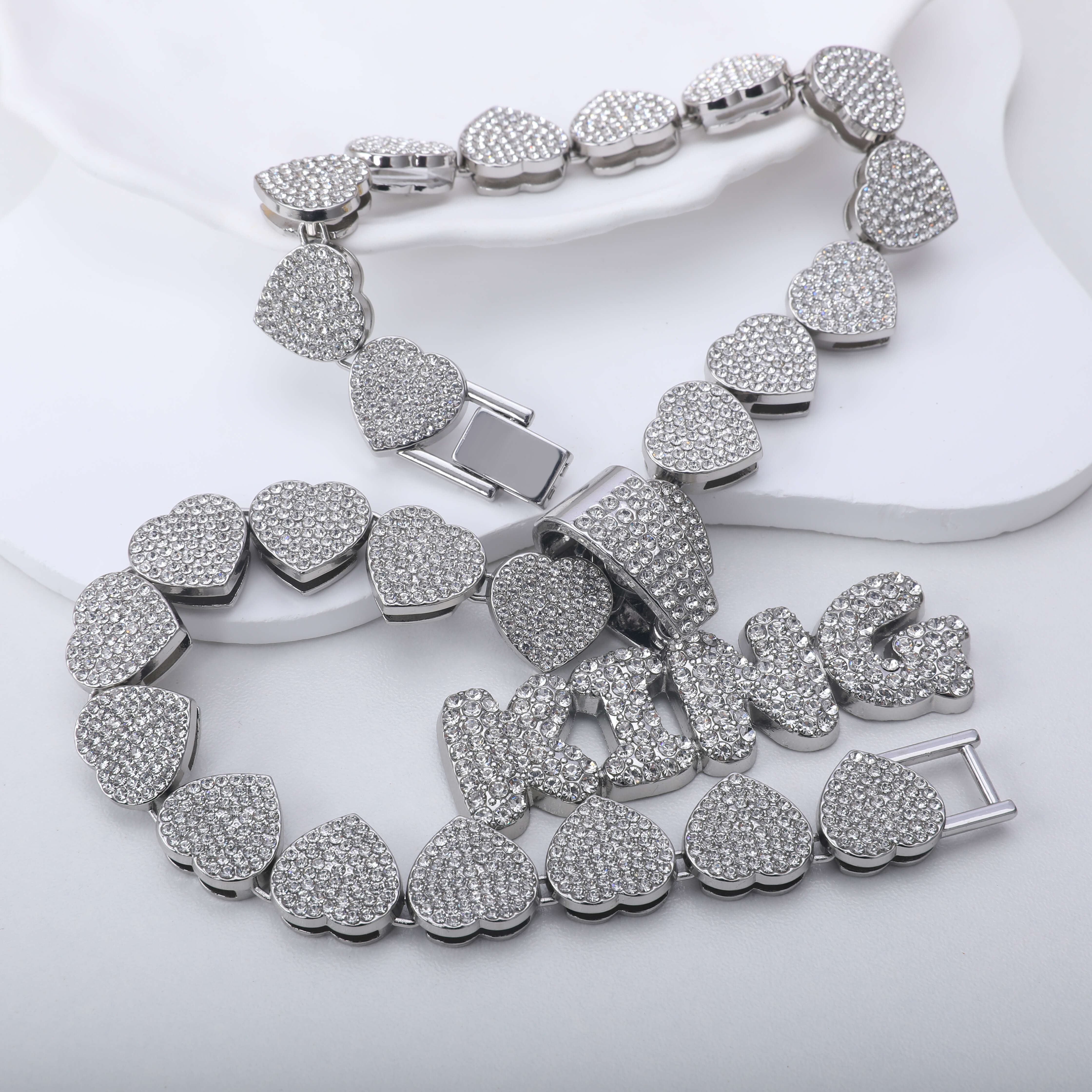 Hot Selling Cuban Chain Hip Hop Jewelry Silver Plated Gold Link Chain with Rhinestone Zinc Alloy Necklace Bracelet