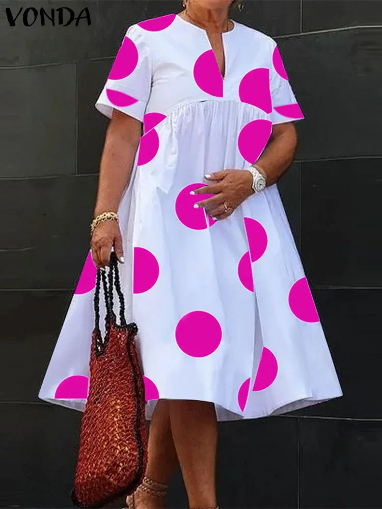 VONDA Plus Size 5XL Women Dress 2025 Summer Bohemian Polka Dot Maxi Long V Neck Party Sundress Vestido Beach Robe Elegant 250526