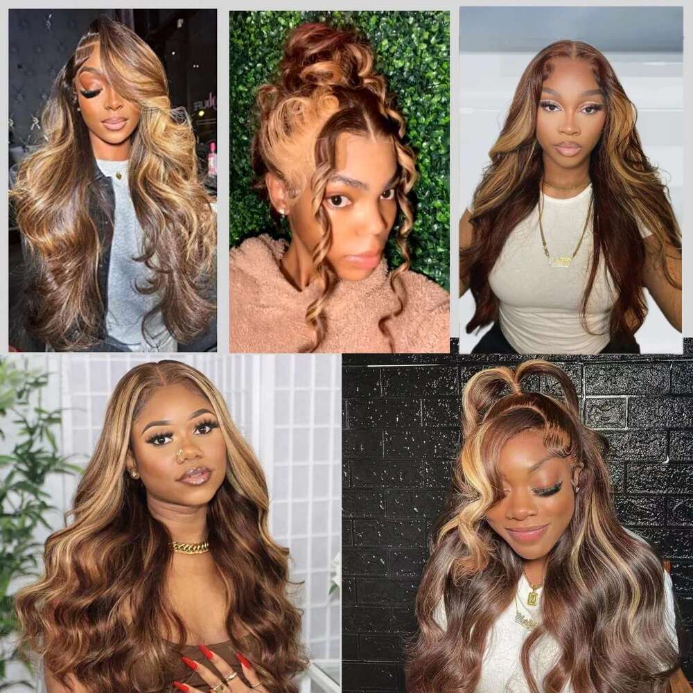 NAMM Chocolate Brown Skunk Stripe Wig Honey Blonde Body Wave Lace Front Highlight Synthetic Glueless Wigs For Women
