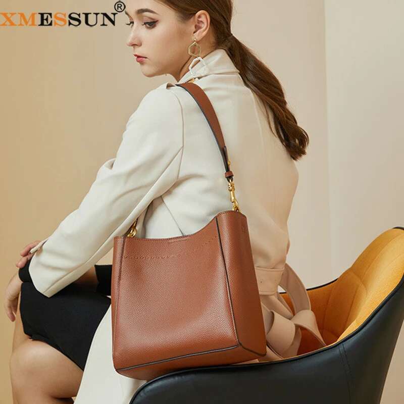 XMESSUN New Retro Genuine Leather Bucket for Women Designer Fashion Lady Cowhide Large Capacity Shoulder Crossbody Bag A494