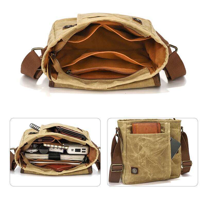 Vintage Waxed Canvas Crossbody Bag Men's Multi-Pocket Sling Shoulder Pack with Adjustable Strap for Travel School Daily