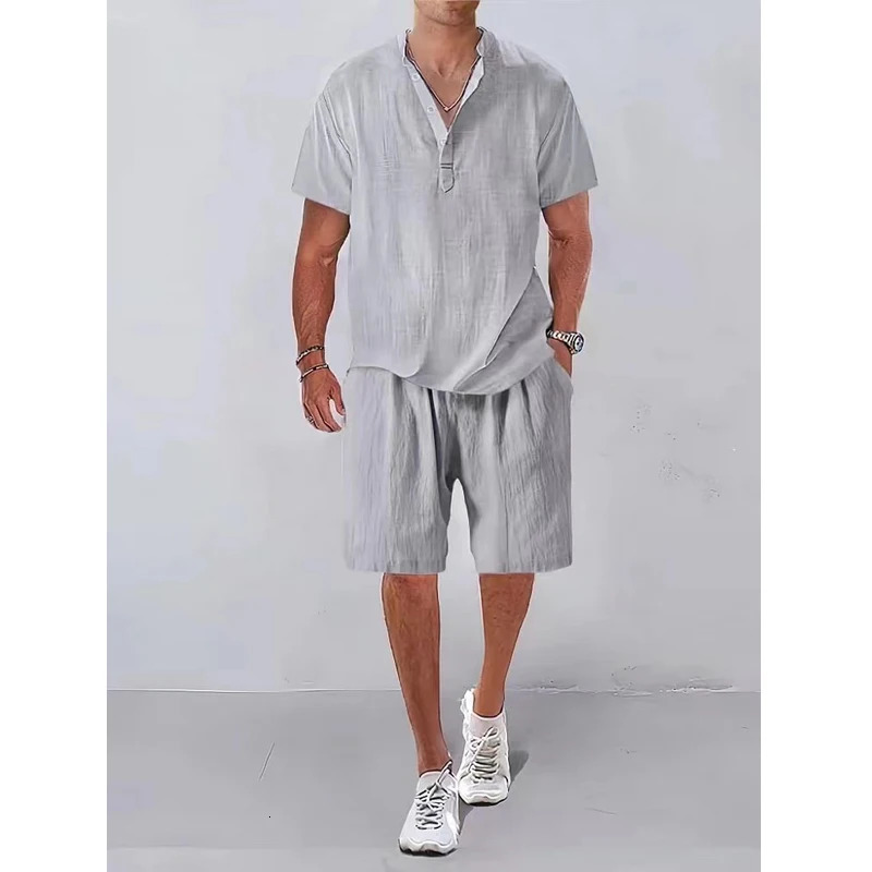 Fashion Men Sets Mens Solid Color Summer Stand Collar Linen Outfits Short Sleeve Polo ShirtShorts Two Pieces Men Casual Suit 250605