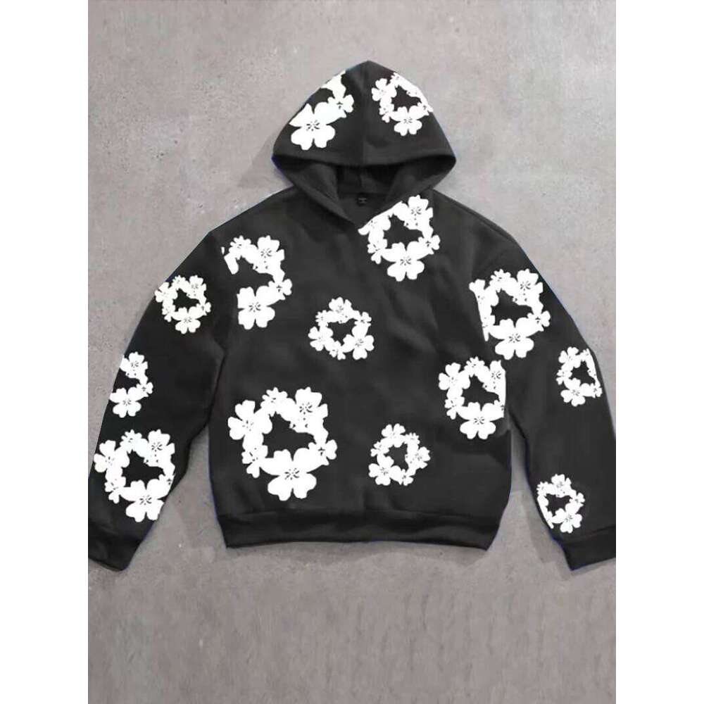 Mens Contrast - Color Casual Stylish Black Hoodie with Simple White Flower Prints Polyester Fabric Fit for Home and Outings