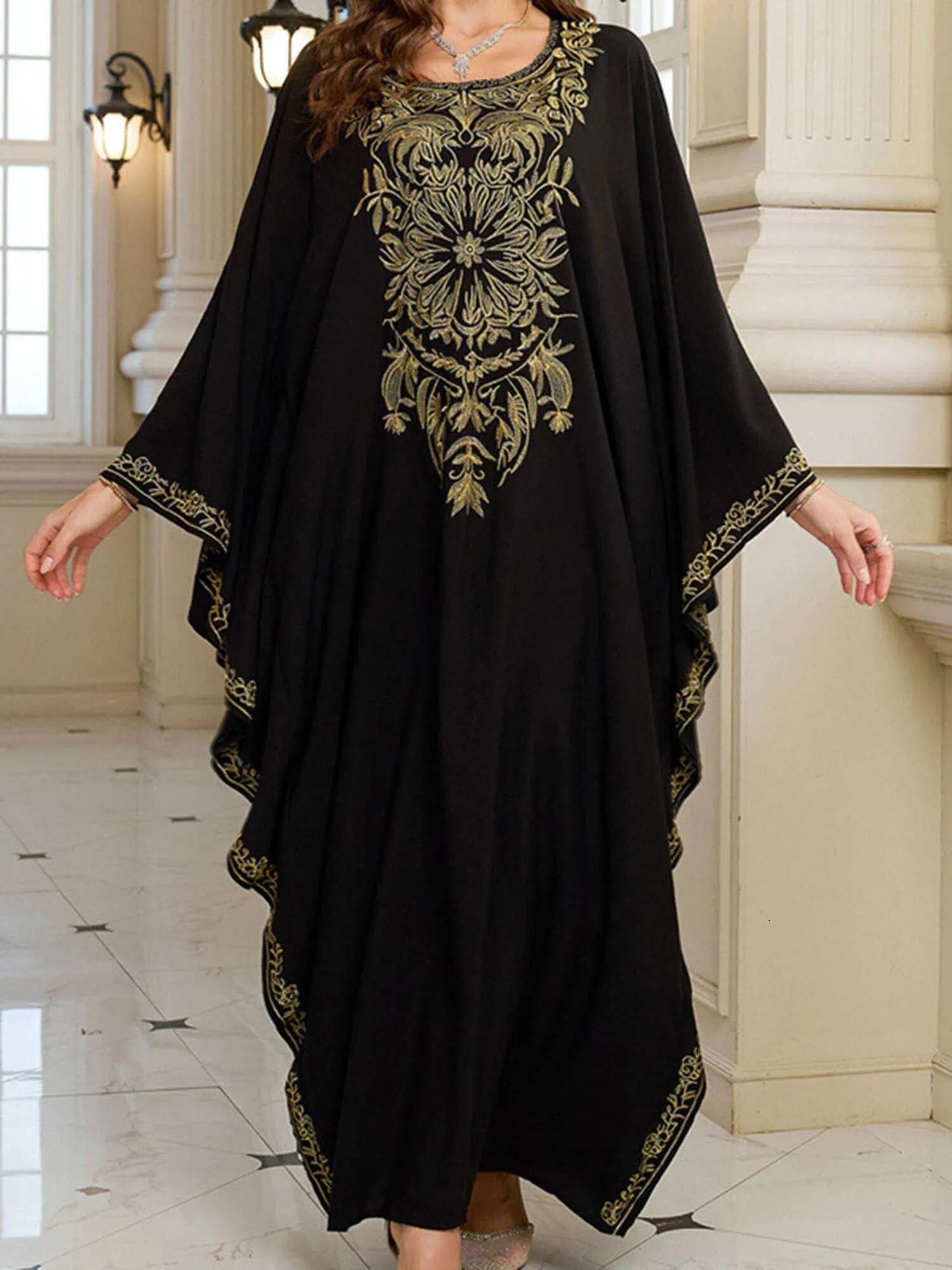 Womens Long Sleeve Floral Embroidered Beach Cover Up Dress with Round Neckline and Loose Fit for Arabic Style Beachwear