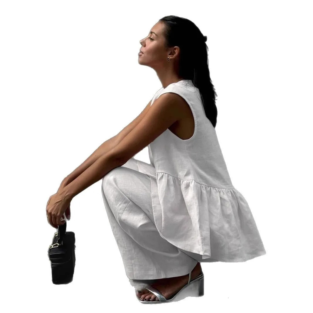 Summer Solid Color Womens Casual Suit Commuting Style Cotton V-neck Sleeveless Top Vest Long Pants Two-piece Set. 250605