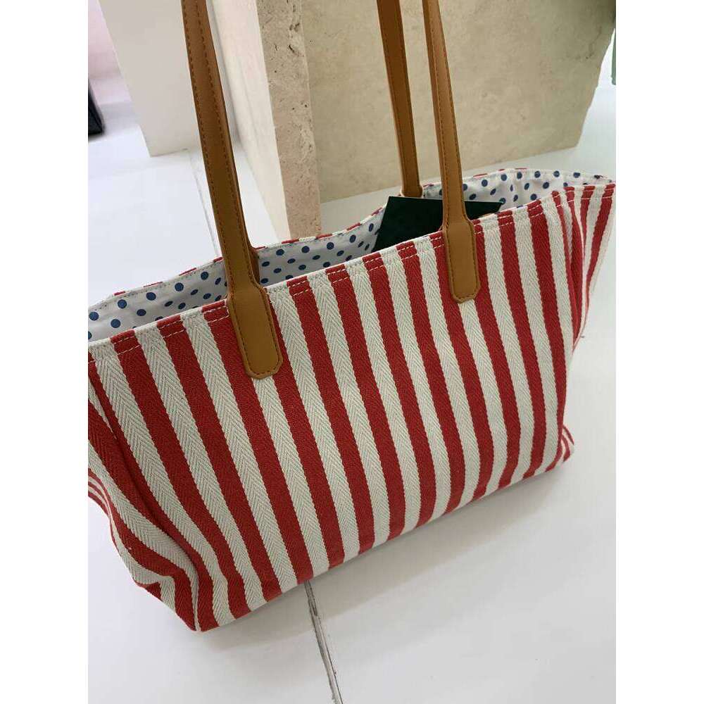 Summer Red and White Striped Letter Embroidered Tote Canvas Handheld Shoulder Underarm Class Mommy Bag Fashionable Versatile