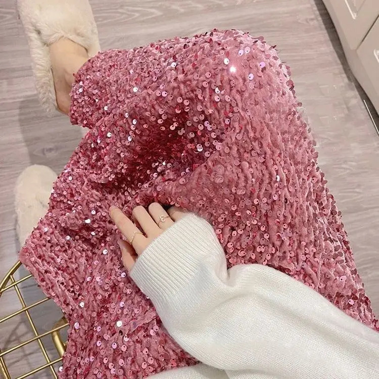 Temperament Jupe Fashion Velvet Black Skirts for Women 2025 Faldas Mujer De Moda High Waist Chic Saia Sequin Bodycon Split Skirt 250529