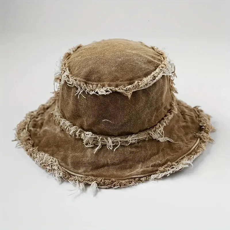 Raw Hem Denim Bucket Hat Letter Label Basin Hats Stylish Versatile Lightweight Fisherman Hats-Daily wear matching and shading 250605