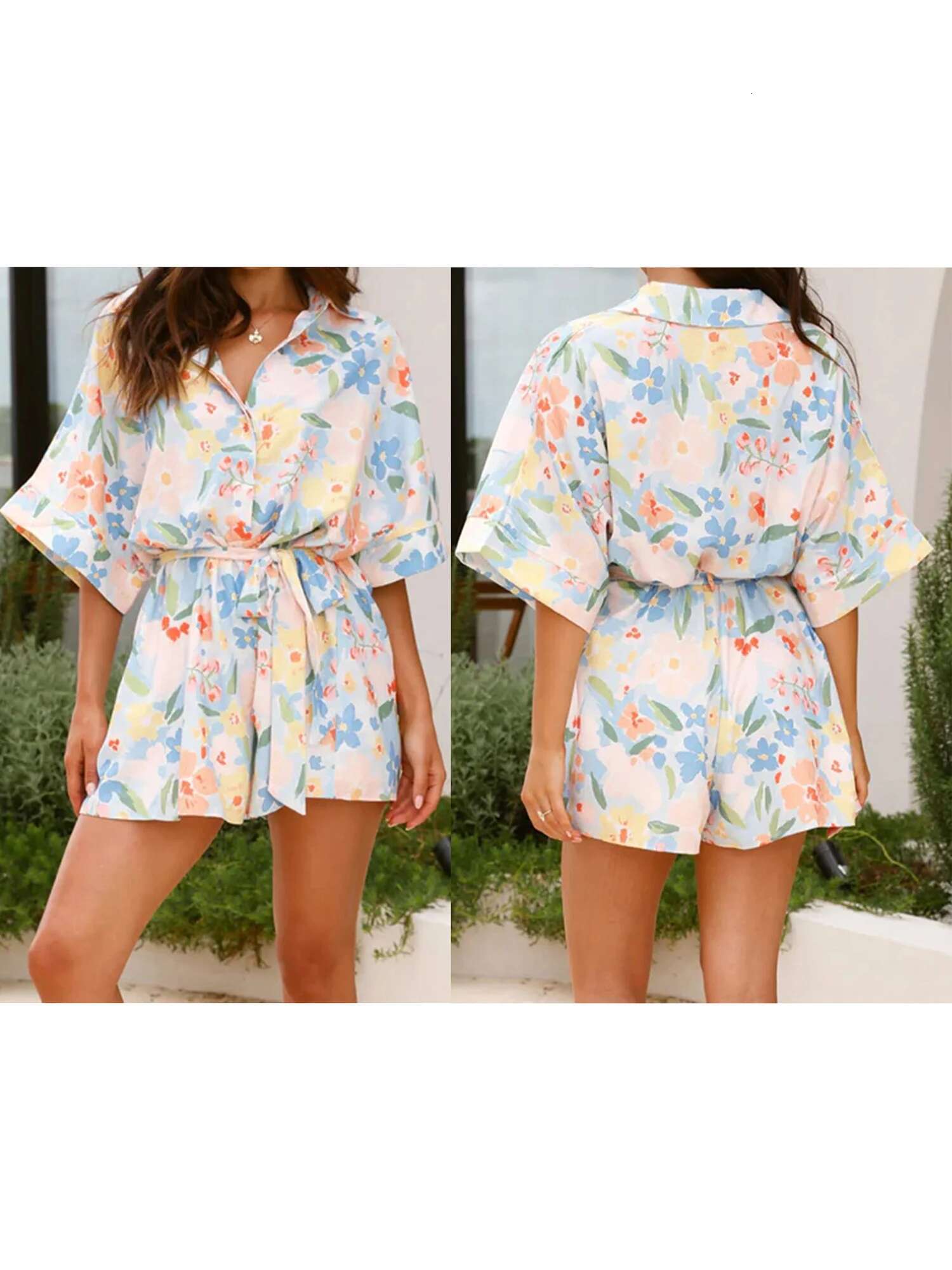 Womens Casual Sleeveless V-neck Romper with Pockets Elastic Waist Solid Color Short Jumpsuit Beach Playsuit