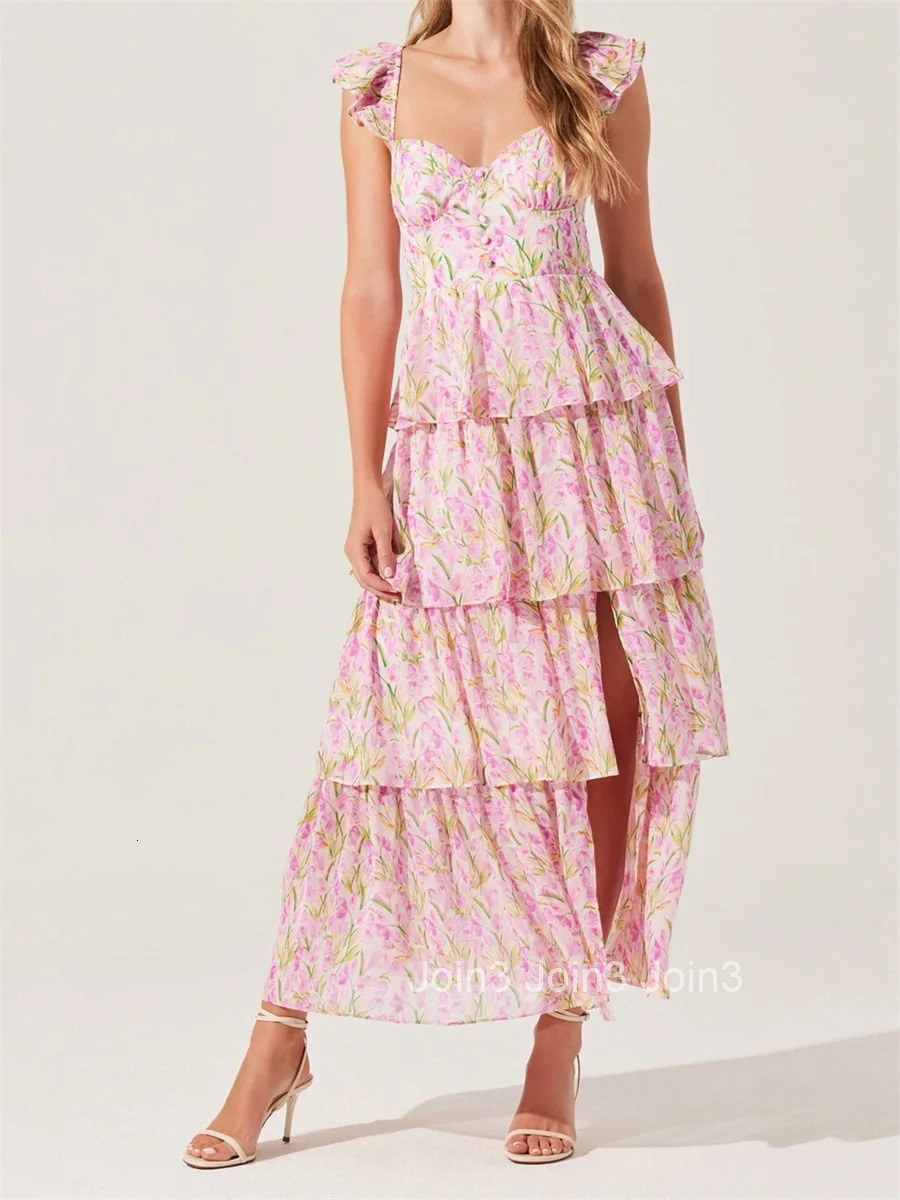 Elegant Off-shoulder Maxi Dress with Delicate Floral Print and Flowy Ruffled Layers Perfect for Spring and Summer Events