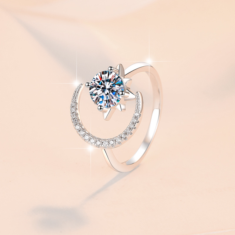 Adjustable Dreamy Star and Moon Moissanite Ring in S925 Sterling Silver, Perfect for Special Occasions, Affordable Luxury Jewelry, Cross-Border Wholes