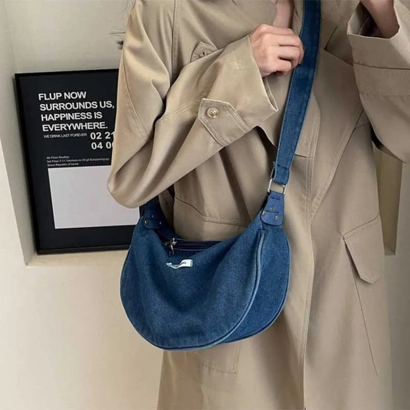 Women Denim Bag Large Capacity Strap Adjustable Crossbody Sling Bag Vintage Messenger Bags Casual Shopper Bags Shoulder Bag 250606