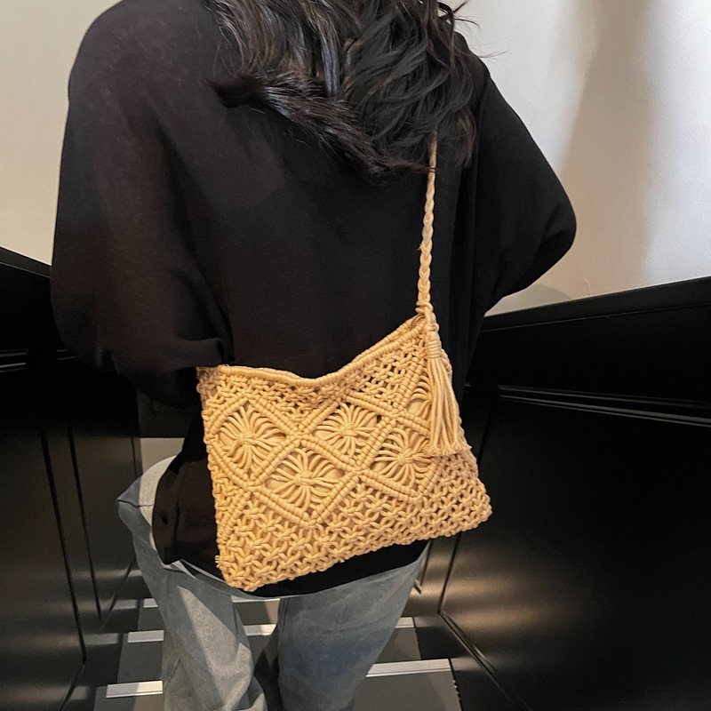 designer Korean Style Mori Handmade Cotton Rope Tassel Woven Bag 2025 Summer New Single Shoulder Crossbody Straw Bag Casual Women's Bag
