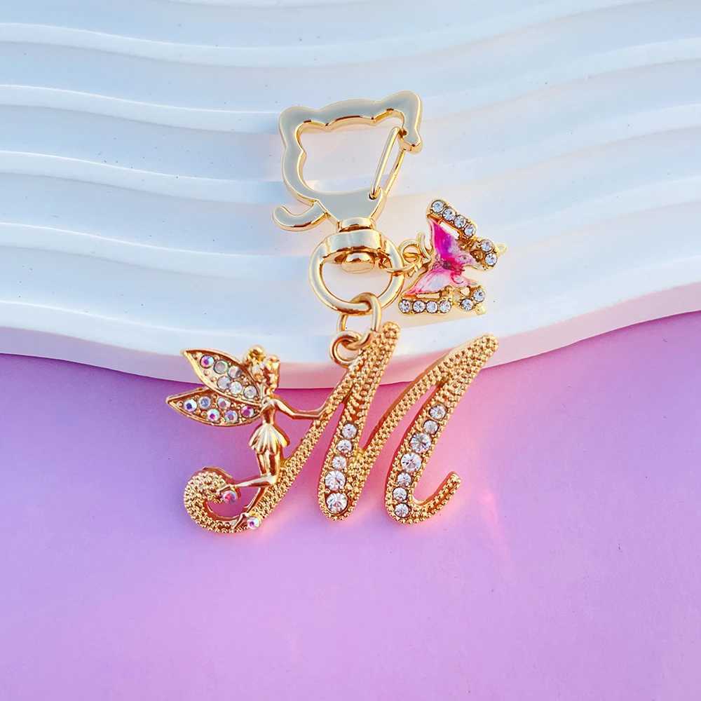 Fashion Angel Crystal A-Z 26 Initial Letter Metal Butterfly Keyring Women Keychain Mothers Day Gift Accessories Girl Jewelry XJ250607